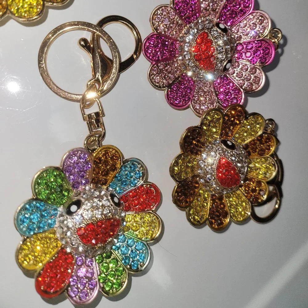 Takashi Murakami Style Rhinestone Flower Keychain/Bag Charm NWT BUNDLE OF 3